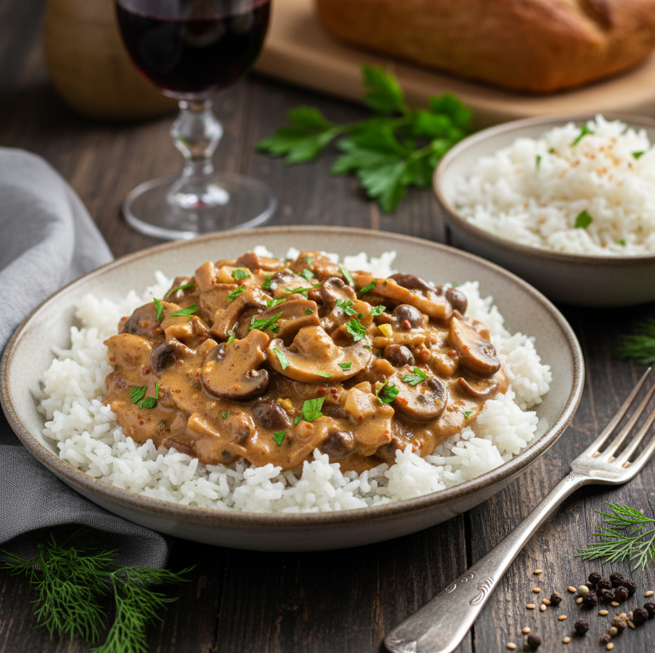 Strogonoff de Setas Cremoso con Arroz Blanco 🌿🍄🍚 (2 porciones)