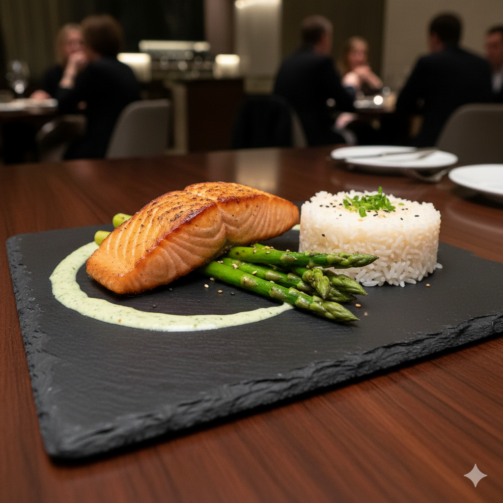 Salmón a la Plancha, Arroz Japonés y Espárragos Fresco -(2 porciones)